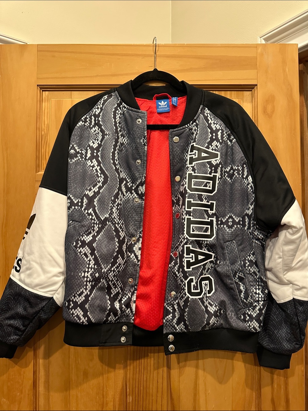 adidas Kids Black & White Snake-Print Bomber Jacket with Red Lining